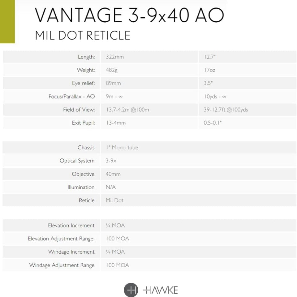 HAWKE VANTAGE 3-9 X 40mm AO